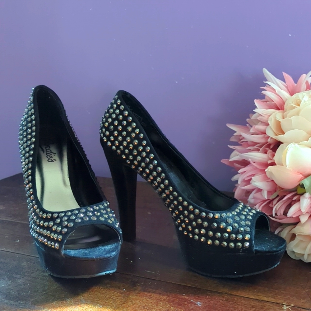 Candies Velvet Platform High Heel Rhinestone Peep Toe Pumps